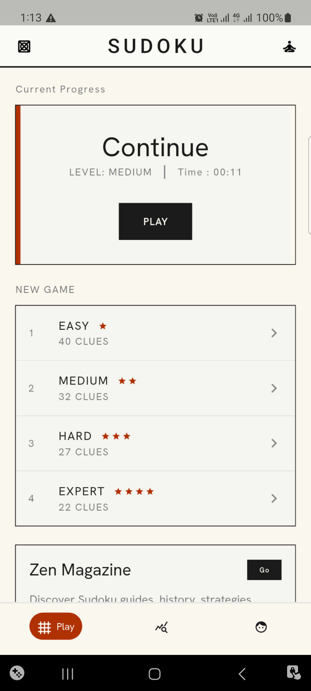 Sudoku Simple – Just Numbers Main Menu Screen